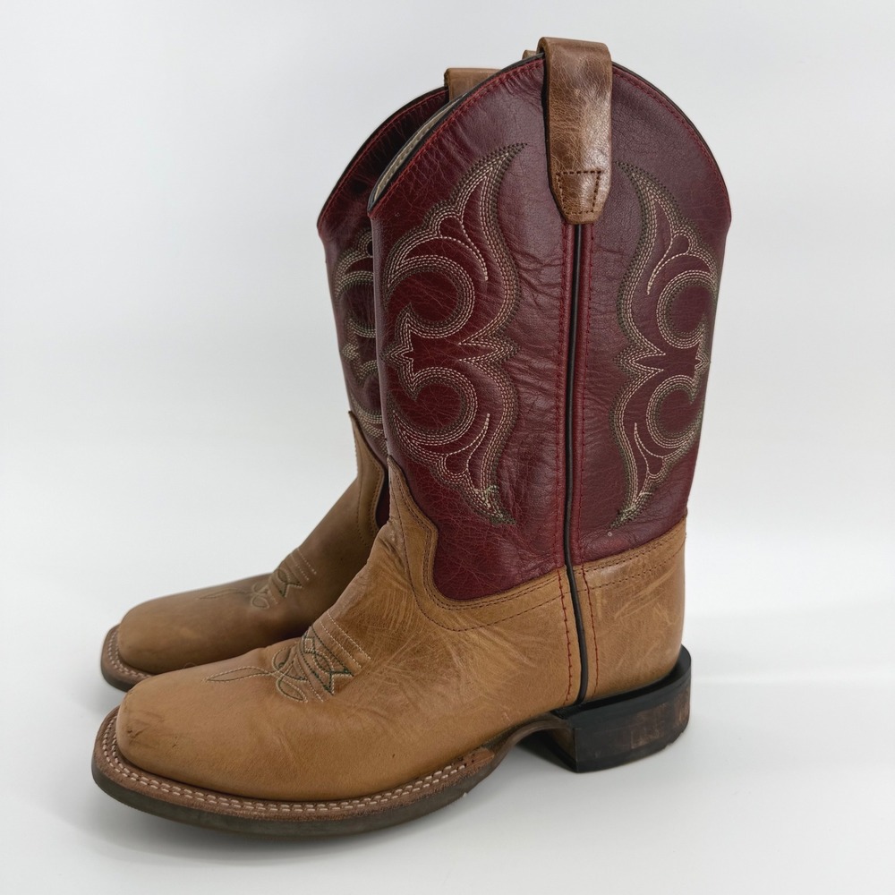 Old West Tan Burgundy Leather Square Toe Cowboy Boots Kids Size 3 D BSC1941